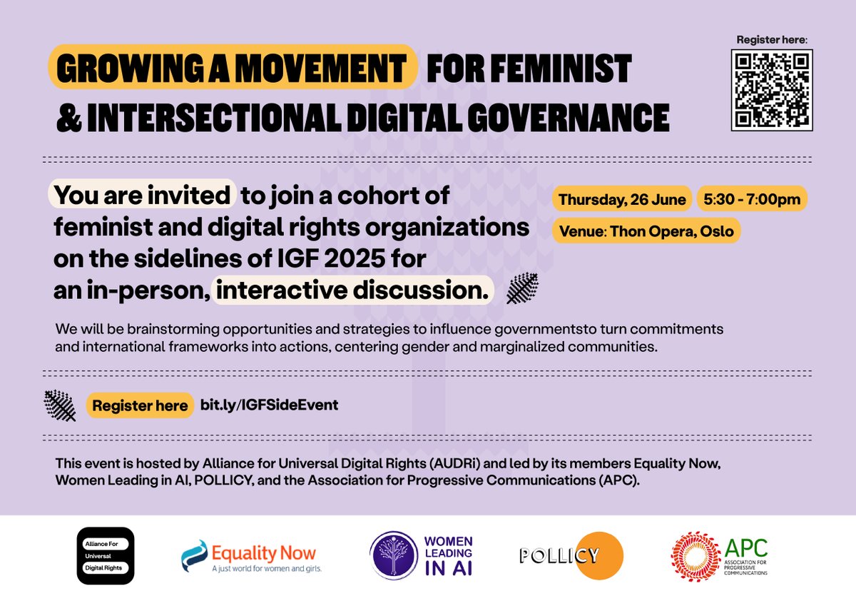 Pollicy (@pollicyorg) on Twitter photo 📢 Heading to #IGF2025?
Pollicy will be co-hosting a side event w/ <a href="/AUDRights/">Alliance for Universal Digital Rights</a> + a dynamic cohort of feminist and digital rights allies on advocacy strategies to push governments to act on the GDC & beyond.
🗓️ 26 June | 🕠 5:30–7 pm
📍 Thon Opera, Oslo
Register: 📢 Heading to #IGF2025?
Pollicy will be co-hosting a side event w/ <a href="/AUDRights/">Alliance for Universal Digital Rights</a> + a dynamic cohort of feminist and digital rights allies on advocacy strategies to push governments to act on the GDC & beyond.
🗓️ 26 June | 🕠 5:30–7 pm
📍 Thon Opera, Oslo
Register:
