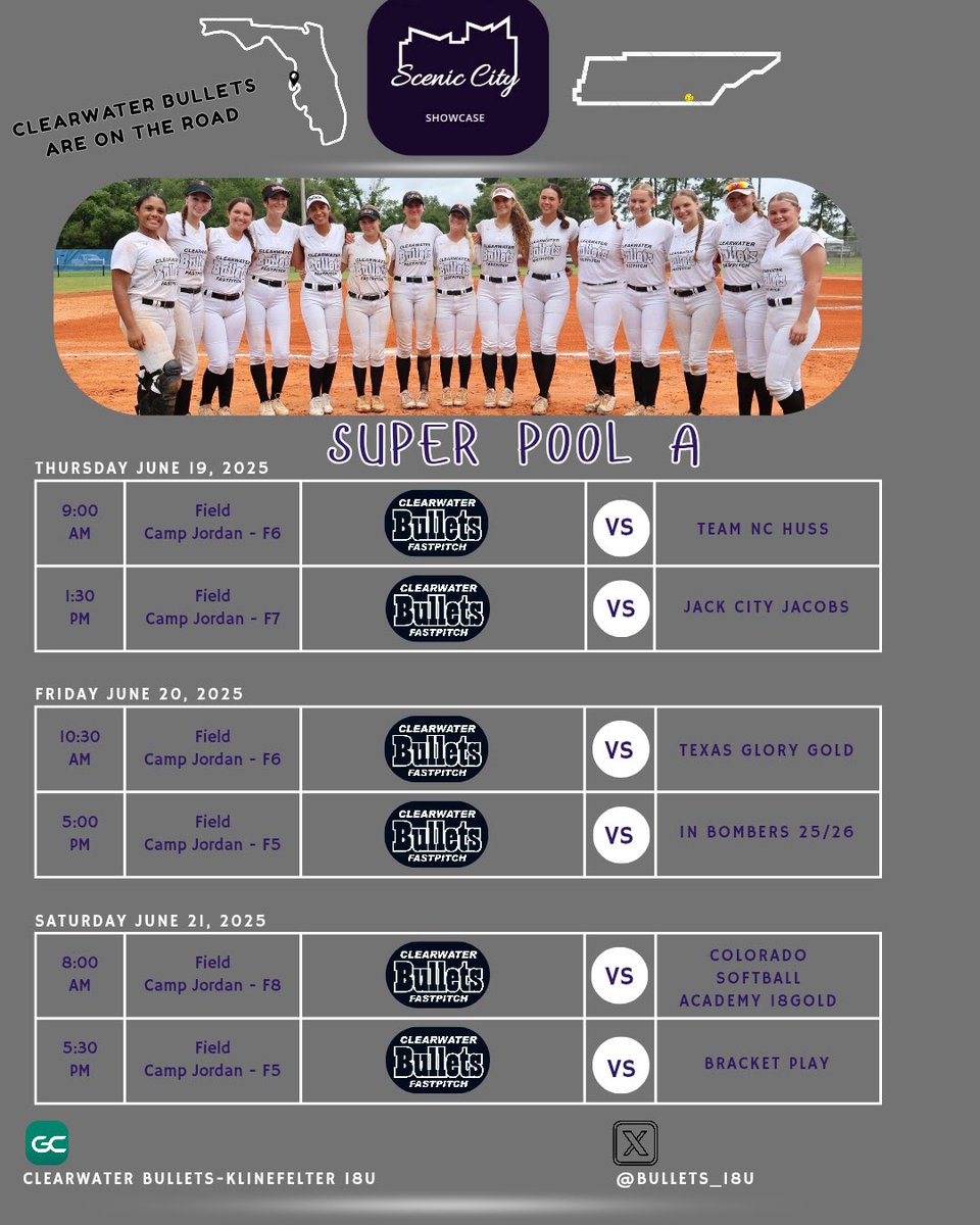 Clearwater Bullets-Klinefelter (@bullets_18u) on Twitter photo We are on the road to Tennessee this week! We will be competing in Super Pool A! Come check this group out. <a href="/ConnectSports_/">Connect Sports</a> We are on the road to Tennessee this week! We will be competing in Super Pool A! Come check this group out. <a href="/ConnectSports_/">Connect Sports</a>