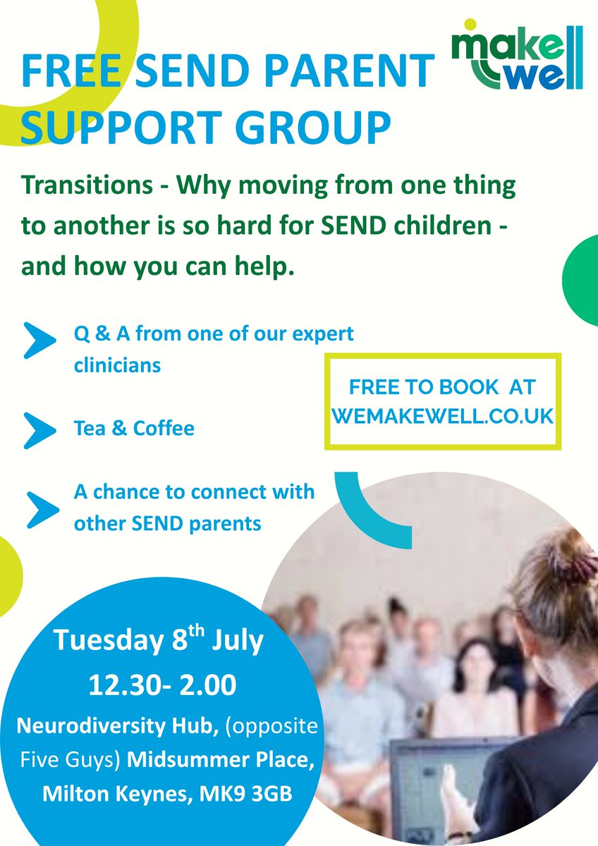 makewell (@wemakewell) on Twitter photo Spots are filling fast for our next FREE Parent Talk!
Join our expert clinician Lynsey Saunders as she dives into Transitions — and why they can be so tough for neurodivergent children
Book your spot now via our website! #ParentTalk #FreeEvent wemakewell.co.uk Spots are filling fast for our next FREE Parent Talk!
Join our expert clinician Lynsey Saunders as she dives into Transitions — and why they can be so tough for neurodivergent children
Book your spot now via our website! #ParentTalk #FreeEvent wemakewell.co.uk