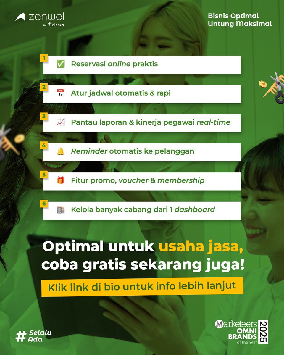 Aplikasi yang memudahkan pemilik usaha salon, nih! ✨🚀

📆 Kalender reservasi 
💳 Online payment terintegrasi
📑 Kemudahan kelola re-schedule
👥 Absensi karyawan dan manajemen pelanggan
📊 Laporan bisnis, dan banyak lagi fitur lainnya!

Info lainnya: 
📞 0821 1818 1187