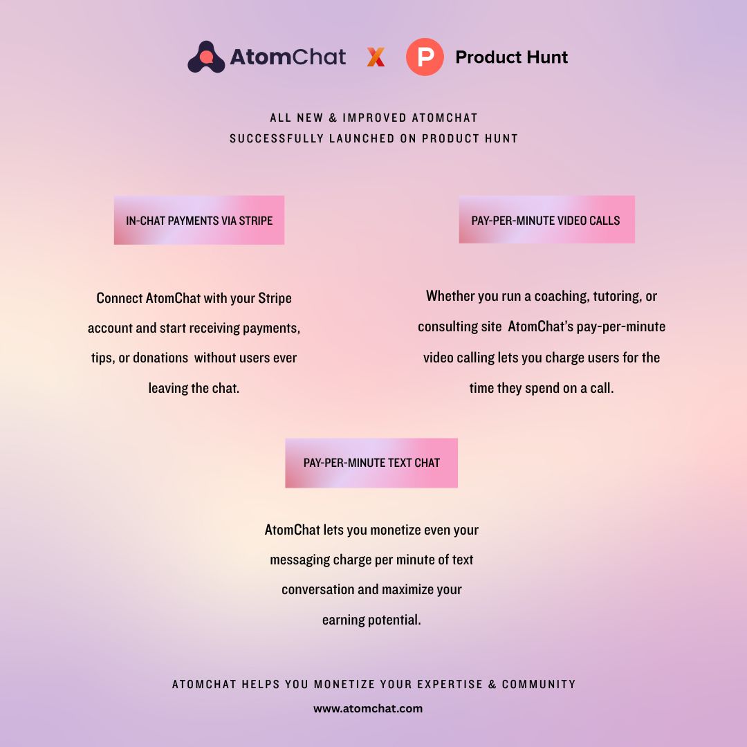 atomchatapp's tweet image. AtomChat is now a monetization layer for communities, professionals, and creators — fully embeddable on your own site.
We’re live today on Product Hunt.
🚀 UPVOTE AND GET 2 MONTHS FREE → buff.ly/AUguL0F
#StartupLaunch #ProductHunt #AtomChat #CreatorMonetization
