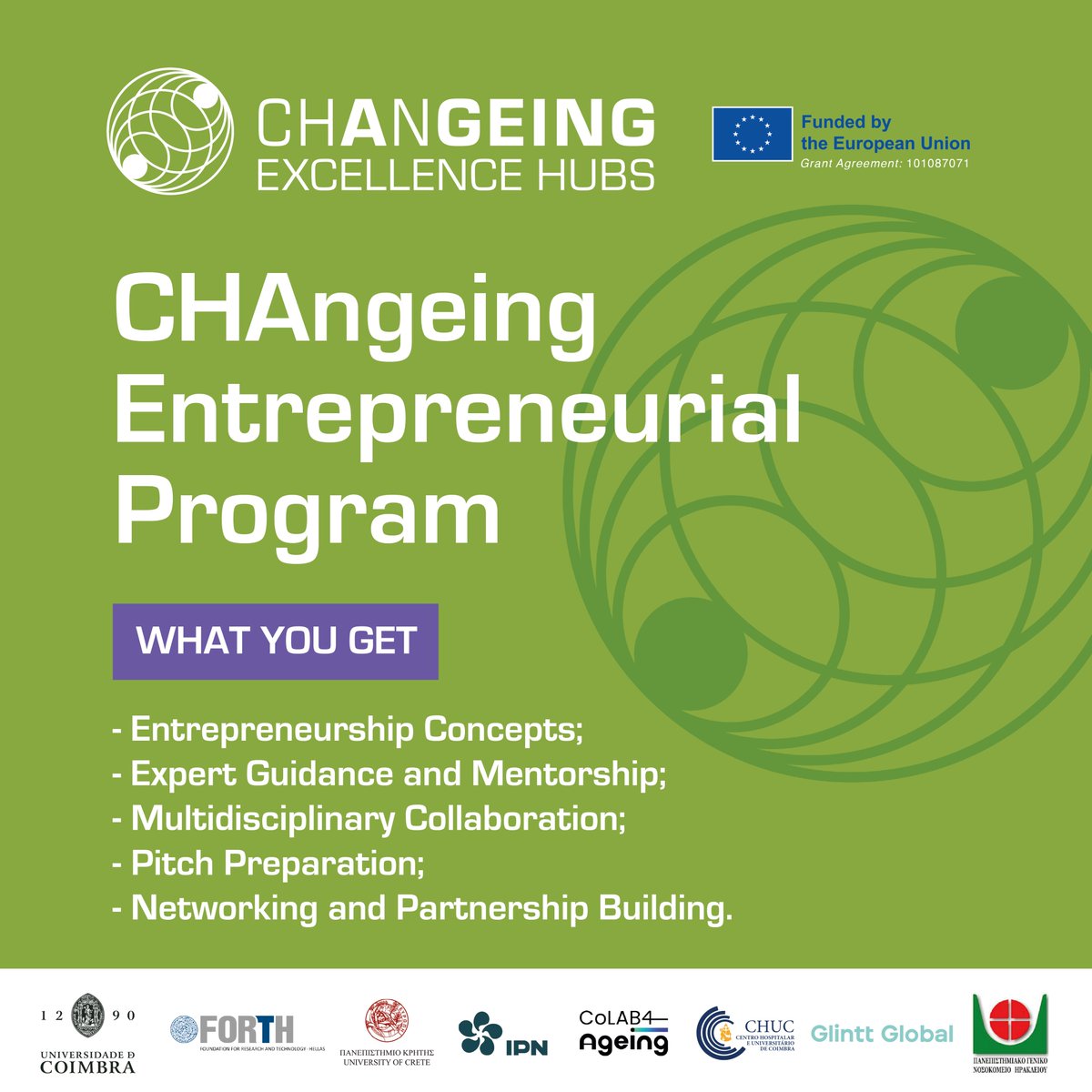 📢 Applications open for the #CHAngeing Entrepreneurial Programme!

Boost your #healthtech startup with top EU mentors.

📅 Deadline: Aug 31
💻 Online | October-November 2025
🔗 forms.office.com/e/1GCw41iPrD

#institutopedronunes #FORTH #befmuc #icbrfmuc #ucoimbra #HealthInnovation