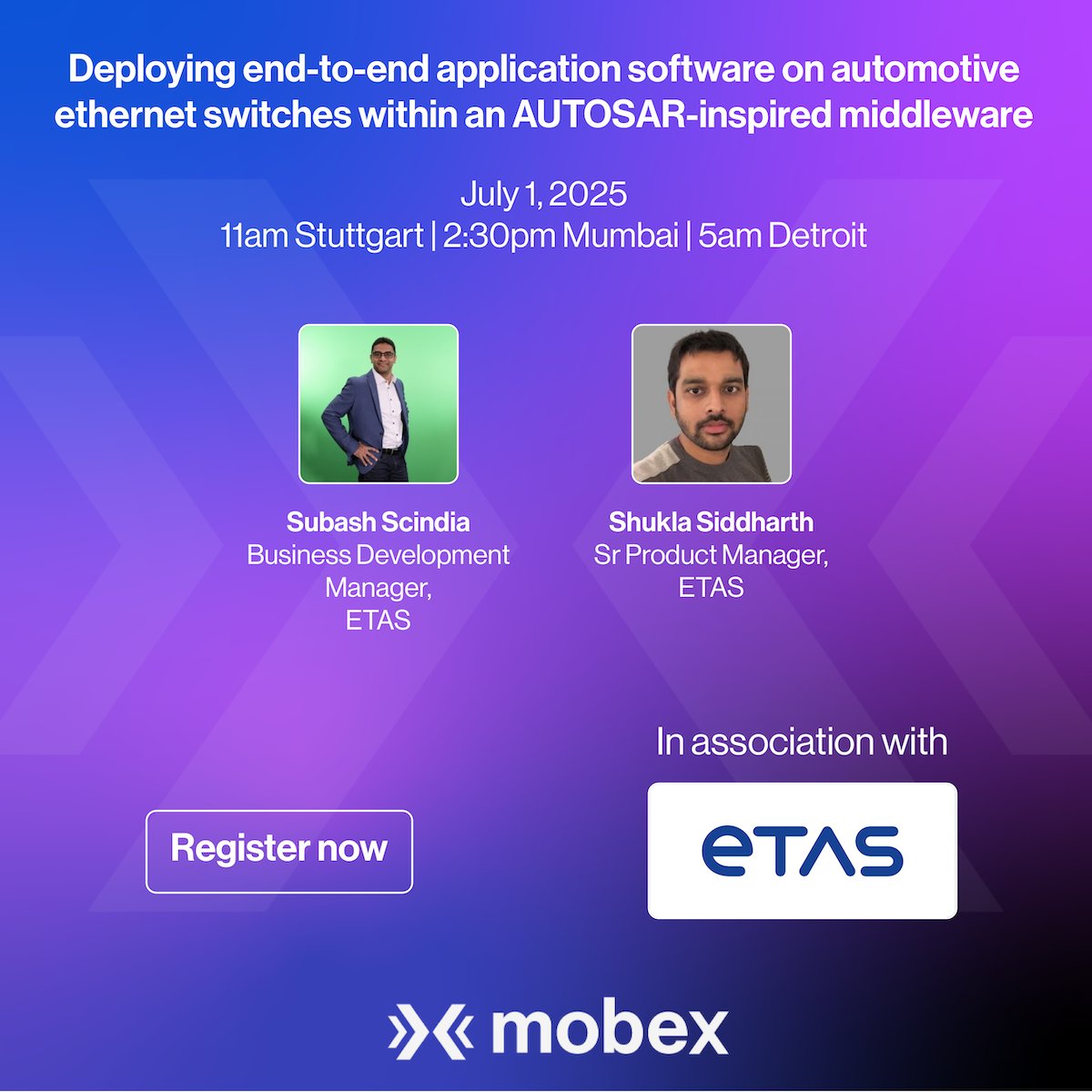 Live webinar: Deploying end-to-end application software on automotive ethernet switches within an AUTOSAR-inspired middleware by ETAS. July 1, 2025 11am Stuttgart | 2:30pm Mumbai | 5am Detroit. Register free: tinyurl.com/zxnv2hjd