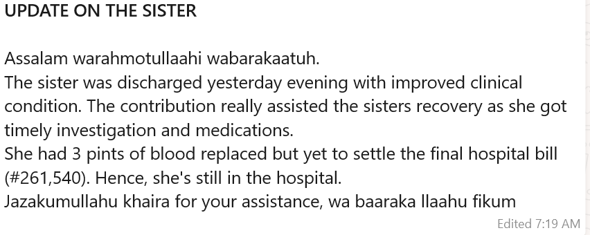 I have an update about our sister. She's has been discharge but remains in the hospital because of an outstanding bill.

Ikhwaan, let's help and get this over the line, for Allah's sake. 

0432560263
GTB
Busari AbdulQaudri