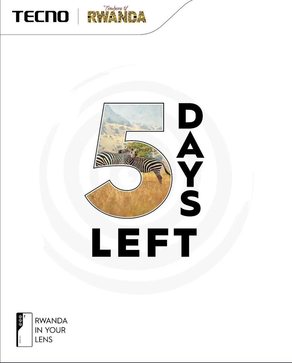 Inyarwanda.com (@inyarwandacom) on Twitter photo Hasigaye iminsi 5 tukamenya abantu 10 ba mbere muri Entry level ya #rwandainyourlens .
One will walk away with one million, new TECNO Smartphone, and work with us.
Dore icyo usabwa niba nawe utarabikora:
Kurikira @tecnomobilerw na <a href="/visitrwanda_now/">Visit Rwanda</a> kuri Instagram na Tiktok Hasigaye iminsi 5 tukamenya abantu 10 ba mbere muri Entry level ya #rwandainyourlens .
One will walk away with one million, new TECNO Smartphone, and work with us.
Dore icyo usabwa niba nawe utarabikora:
Kurikira @tecnomobilerw na <a href="/visitrwanda_now/">Visit Rwanda</a> kuri Instagram na Tiktok