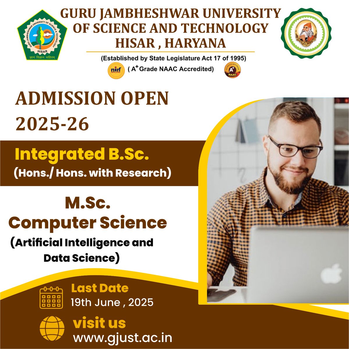 GJUHSR's tweet image. 🎓 Registration Open 2025-26!
      📔Integrate B.sc.(Hons./Hons. with Research), M.Sc. Computer Science(Artificial Intelligence and data Science) 📔
Apply Now :- gjust.ac.in
💥Last date 19th June 2025💥
#IntegratedBsc #Mscit