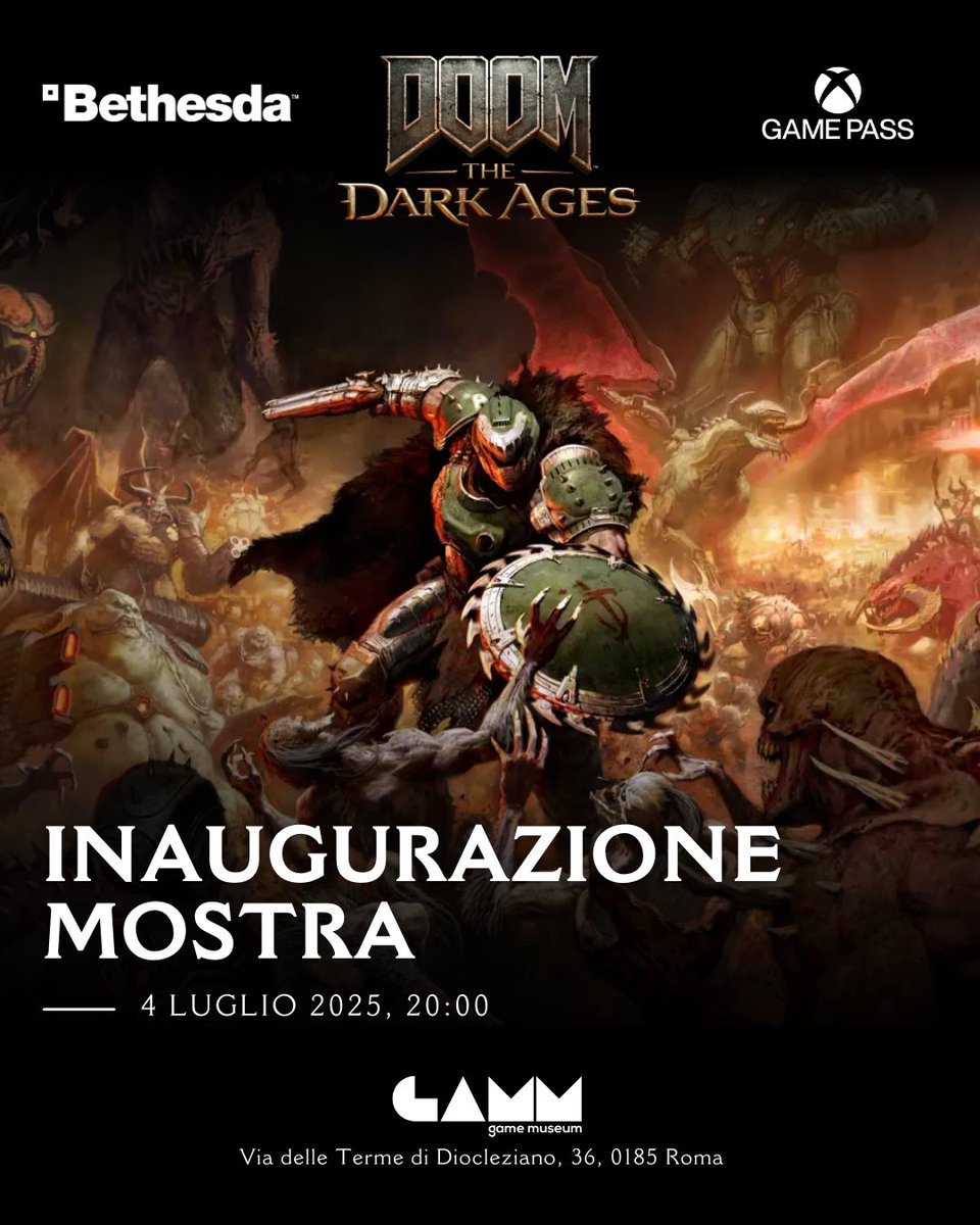🔥 Preparati a entrare nell’Inferno di DOOM The Dark Ages. 🔥
Il 4 luglio 2025 ti aspettiamo al GAMM – Game Museum di Roma per l’inaugurazione della mostra ufficiale dedicata a DOOM: The Dark Ages con oggetti esclusivi!
Dal 4 al 18 luglio 2025, intraprendi un viaggio tra