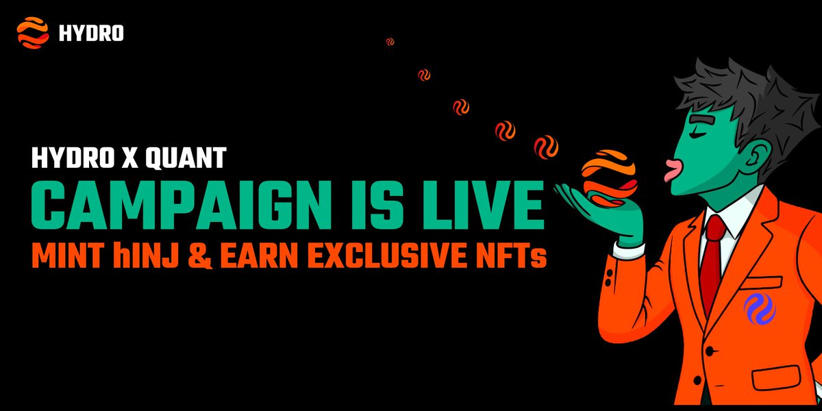 📢HYDRO x QUANT Campaign is LIVE!

Mint $hINJ and earn exclusive NFTs 🎁

🏆 50+ Exclusive QUANT NFTs up for grabs!
🗓️ Period: Jun 17, 10:00 AM – Jul 8, 09:59 AM (UTC)
🪧 How to Join: Mint $INJ → $hINJ 

🎉 Winners will be announced after the campaign.
Don’t miss out!