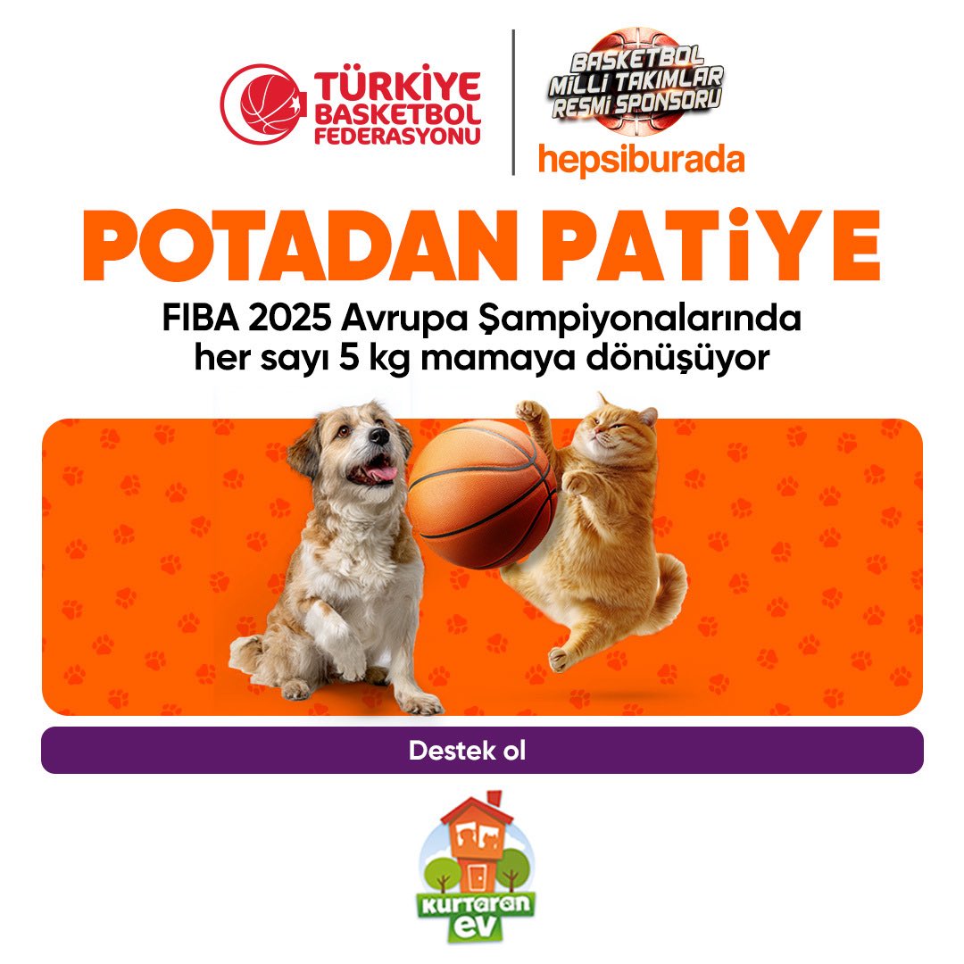🏀🦴 FIBA 2025 Avrupa Şampiyonalarında tribünlerde coşku, sahada mücadele, ⛹🏻Potadan Patiye projesiyle kalplerde ise iyilik var.
Kadın ve Erkek A Milli Basketbol Takımlarının resmi sponsoru olarak, FIBA 2025 Avrupa Şampiyonaları coşkusunu bu yaz patili dostlarımız için anlamlı