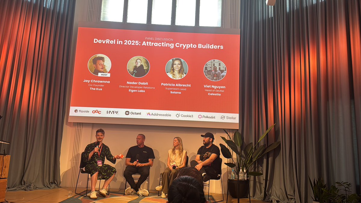 Sandeep Bajjuri (@sandeepbajjuri) on Twitter photo Devrel in 2025
A star studded panel from cross chain ecosystems
Patricia <a href="/SuperteamDE/">Superteam Germany</a> <a href="/solana/">Solana</a>
<a href="/GldnCalf/">Jay Chrawnna</a> <a href="/joinwebzero/">WebZero</a> <a href="/Polkadot/">Polkadot</a>
Viet <a href="/celestia/">Celestia 🦣</a>
<a href="/dabit3/">nader dabit</a> <a href="/eigenlayer/">EigenCloud</a>
<a href="/onchaingrowth/">Onchain Growth Club</a> <a href="/ber_chain/">BerChain | Berlin Blockchain</a> Devrel in 2025
A star studded panel from cross chain ecosystems
Patricia <a href="/SuperteamDE/">Superteam Germany</a> <a href="/solana/">Solana</a>
<a href="/GldnCalf/">Jay Chrawnna</a> <a href="/joinwebzero/">WebZero</a> <a href="/Polkadot/">Polkadot</a>
Viet <a href="/celestia/">Celestia 🦣</a>
<a href="/dabit3/">nader dabit</a> <a href="/eigenlayer/">EigenCloud</a>
<a href="/onchaingrowth/">Onchain Growth Club</a> <a href="/ber_chain/">BerChain | Berlin Blockchain</a>