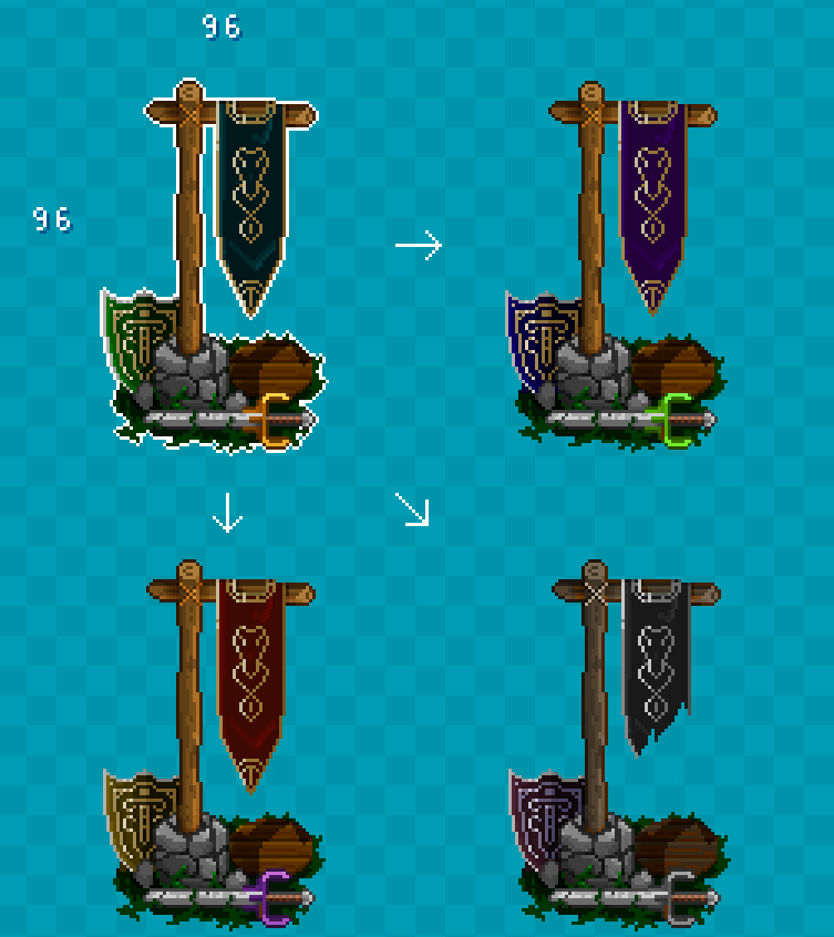 Booooooomstick's tweet photo. Vairations of Medieval banner:
#pixelart #Tileset https://t.co/s9A7ELL1P3