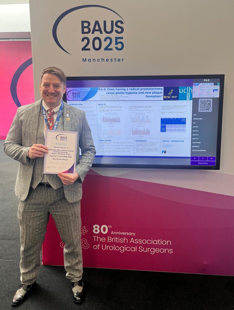 I want to say thank you to the chairs of the very early morning Andrology session this morning where I was thankfully awarded the best poster of the session for my study looking at hypoxia and penile fibrosis after radical prostatectomy
<a href="/AngliaRuskin/">ARU</a> #baus25 <a href="/BAUSurology/">BAUS</a>