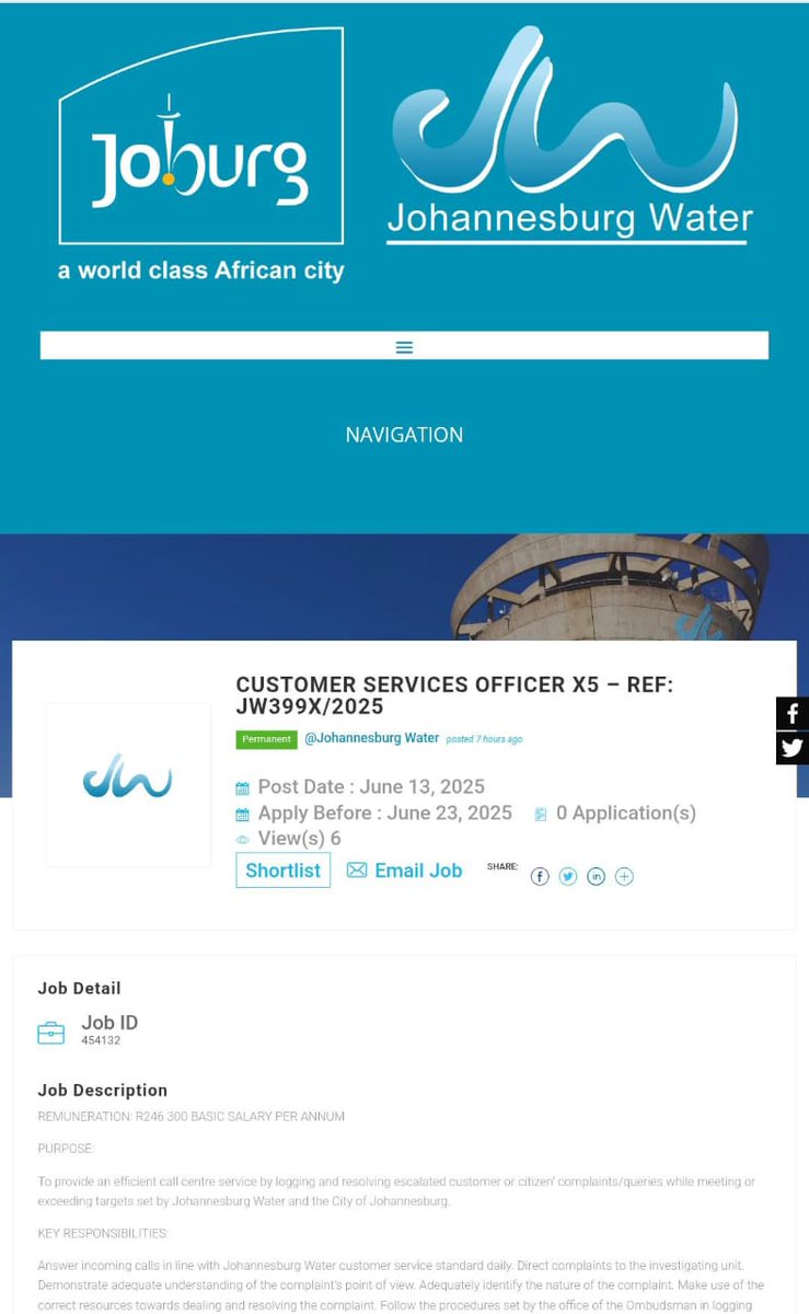 Tumelo T (@tumelo_br) on Twitter photo <a href="/ChrisExcel102/">ChrisExcel</a> Do your own research
📌Johannesburg Water is hiring!
✅Customer Services Officer x5 positions
📍JHB
Salary: R246 300 BASIC SALARY PER ANNUM
Minimum Requirements:
- Grade 12/ Matric only
Closing Date: 23-June-2025 visionsoul.co.za/johannesburg-w…
otieu.com/4/9337095 <a href="/ChrisExcel102/">ChrisExcel</a> Do your own research
📌Johannesburg Water is hiring!
✅Customer Services Officer x5 positions
📍JHB
Salary: R246 300 BASIC SALARY PER ANNUM
Minimum Requirements:
- Grade 12/ Matric only
Closing Date: 23-June-2025 visionsoul.co.za/johannesburg-w…
otieu.com/4/9337095