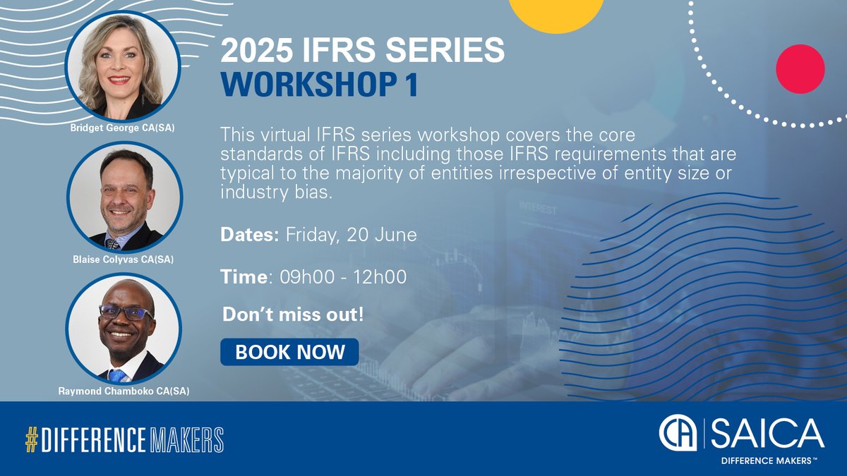 Elevate your financial expertise! 🌟 Register now for the SAICA 2025 IFRS Series Workshop 1 and stay ahead in the world of accounting.  📊
Register today and take the first step towards mastering international financial reporting at tinyurl.com/5n7bn285
#️⃣ #SAICAevent #SAICA
