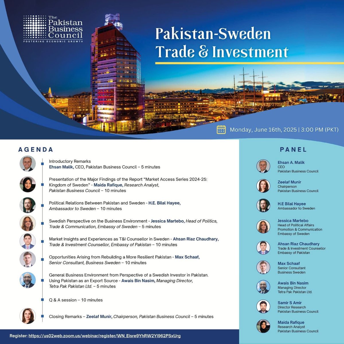 Sweden in Pakistan (@swedeninpk) on Twitter photo Jessica Martebo, Head of the Political, Trade, and Communication Section at the Embassy of Sweden in Pakistan, participated as a panelist in the🇵🇰- 🇸🇪Trade & Investment webinar organized by the
<a href="/ThePBC_Official/">The Pakistan Business Council</a>
<a href="/SweMFA/">Swedish Ministry for Foreign Affairs</a> <a href="/SwedenAmbPK/">Alex Berg von Linde</a> <a href="/BilalHayee/">Bilal Hayee</a> <a href="/PakinSweden/">Pakistan Embassy Sweden</a> #75YearsOfPartnership Jessica Martebo, Head of the Political, Trade, and Communication Section at the Embassy of Sweden in Pakistan, participated as a panelist in the🇵🇰- 🇸🇪Trade & Investment webinar organized by the
<a href="/ThePBC_Official/">The Pakistan Business Council</a>
<a href="/SweMFA/">Swedish Ministry for Foreign Affairs</a> <a href="/SwedenAmbPK/">Alex Berg von Linde</a> <a href="/BilalHayee/">Bilal Hayee</a> <a href="/PakinSweden/">Pakistan Embassy Sweden</a> #75YearsOfPartnership