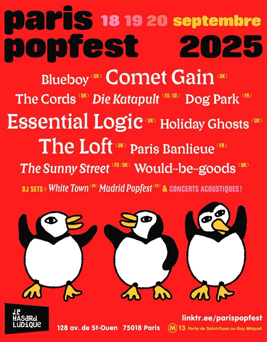 So excited for Paris Popfest 2025! 🐧🎷🎹🎸🐧
.
Such an incredible line-up💥 @parispopfest @lehasardludique 🙌
.
🎷Thursday 18th September 

@essentiallogicofficial
@dogparkmusique
<a href="/holidayghosts/">🅰️le♦️</a>

🎹 Friday 19th September 

<a href="/cometgain/">コメットゲイン</a>
<a href="/diekatapult/">Die Katapult</a>
@wouldbegoods
.
.