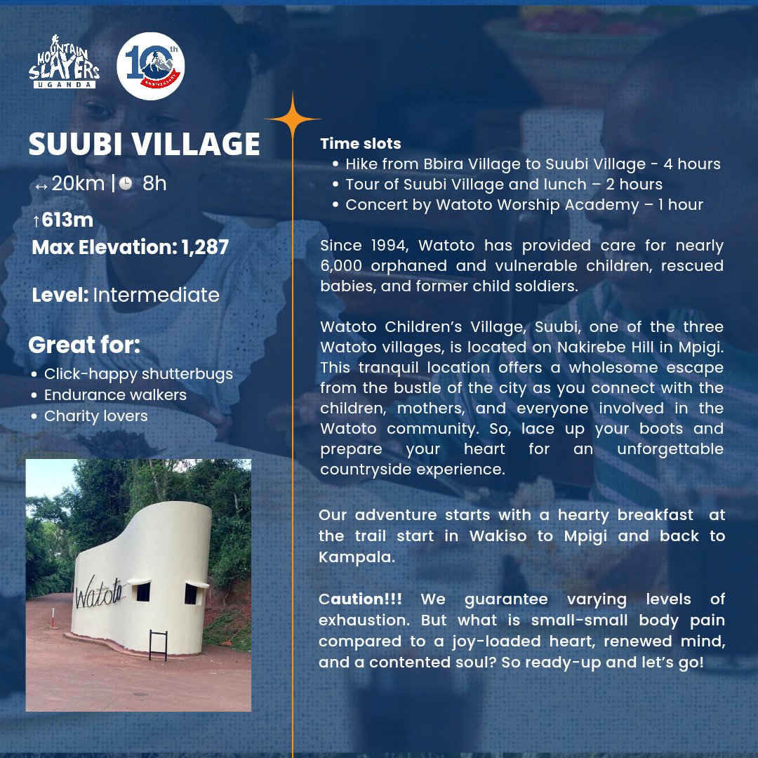 MtSlayersUg's tweet image. Lace up your boots, Slayers! 🥾 Get ready for the Suubi Village Slay on this July 26th for an intermediate-level hike in Central Uganda.
We'll be heading to @watotochurch Children's Village for a day of making a difference and unforgettable experiences. Remember to bring…