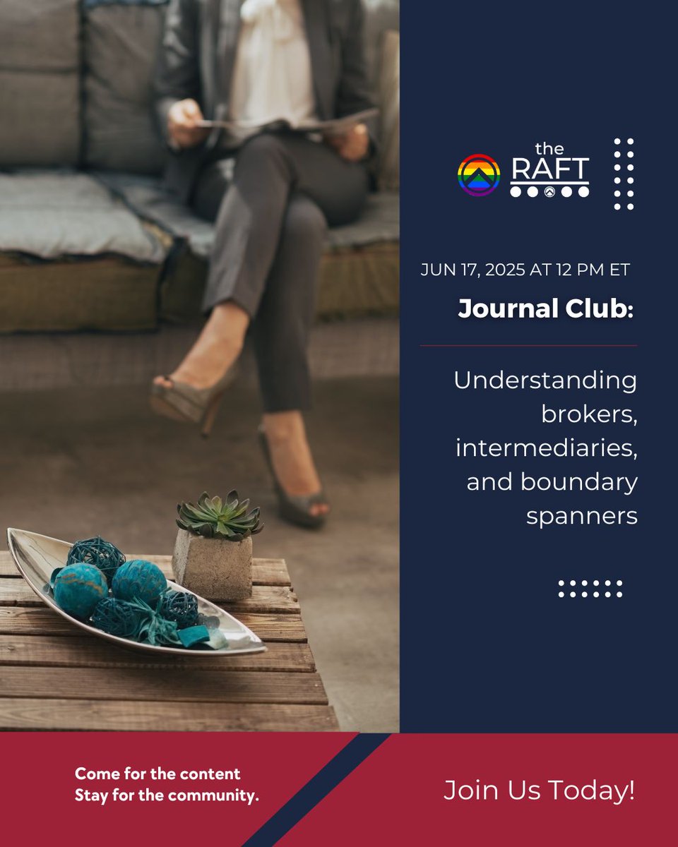 We hope to see you all at our Journal Club today at 🕛12 PM ET as we discuss "Understanding brokers, intermediaries, and boundary spanners"

🔗 cstu.io/174f11

Find all previous recordings on The Raft's online portal. 

Join #TheRaft: 🔗 cstu.io/5e517a