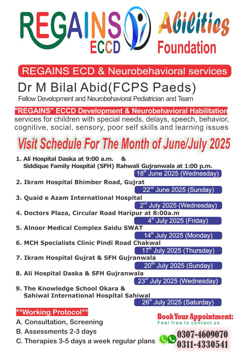 RegainsECCD's tweet photo. Dr M Bilal Abid (FCPS Paeds)
Development and Neurobehavioral Pediatrician and Team
Plan to visit in your city in month of June/ July 2025
now Confirm your Appointment contact 0307 4609070
Is your Child suffering from any one of #Disablity like #ChildrenDevelopmentalDelay,  etc.? https://t.co/0SD1kO2DHx