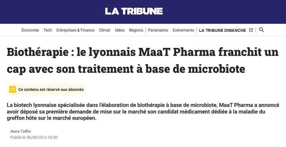 📰 [#Média] - MaaT Pharma à l’honneur dans <a href="/LaTribune/">La Tribune</a> !
Merci à Anne Taffin pour cet article qui revient sur notre demande d’autorisation de mise sur le marché auprès de l’<a href="/EMA/">Erin</a> pour Xervyteg® (MaaT013), notre candidat-médicament le plus avancé dans le traitement de la maladie