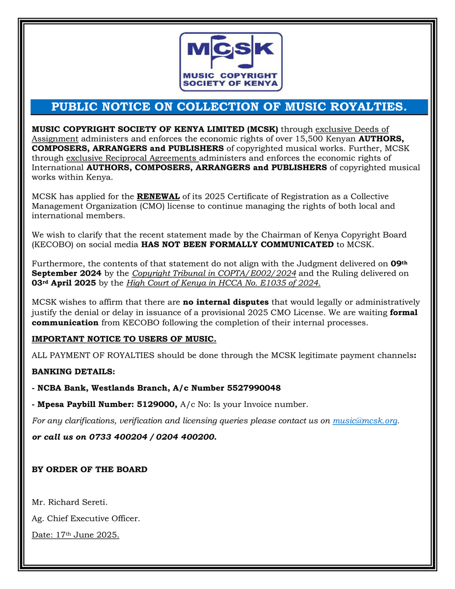 📷 STATEMENT TO OUR MEMBERS &amp; MUSIC USERS 📷
We have noted with concern a public message issued by a regulatory authority (KECOBO) regarding the licensing status of MCSK. While public channels may be used for updates, it is expected that formal communication precedes such