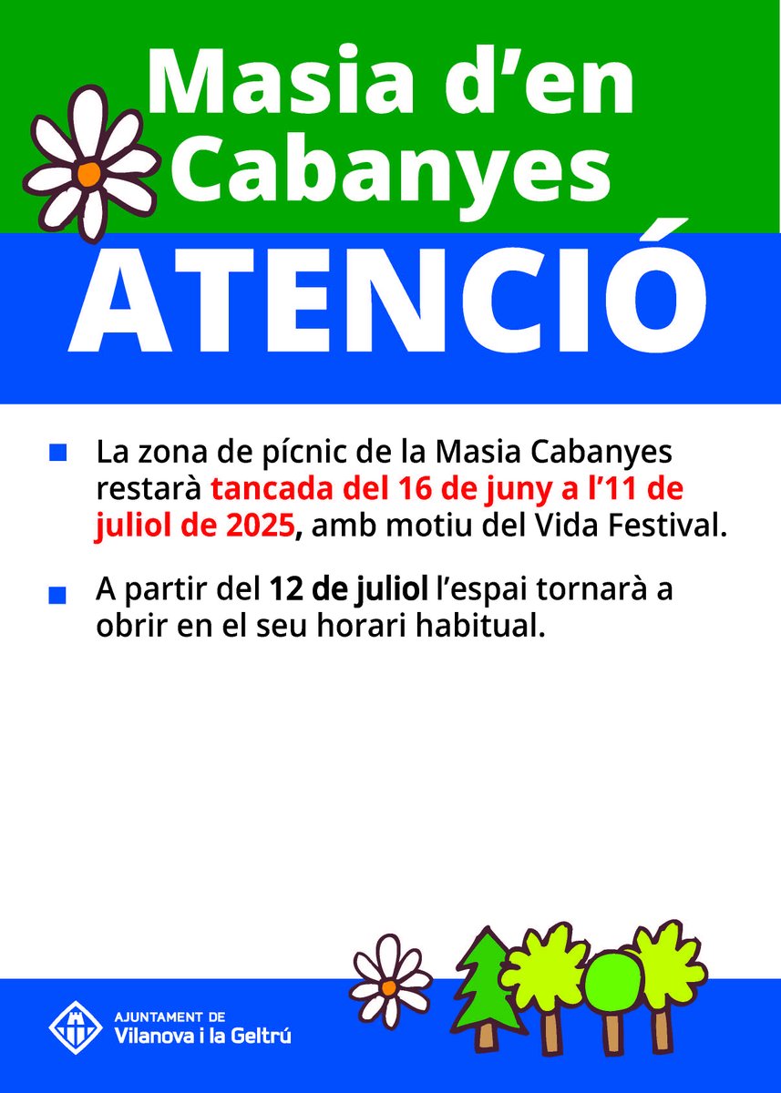 ℹ️La zona de pícnic de la Masia d'en Cabanyes restarà tancada del 16 de juny a l’11 de juliol de 2025, amb motiu del Vida Festival.
A partir del 12 de juliol l’espai tornarà a obrir en el seu horari habitual. ccgarraf.cat/serveis-i-tram…