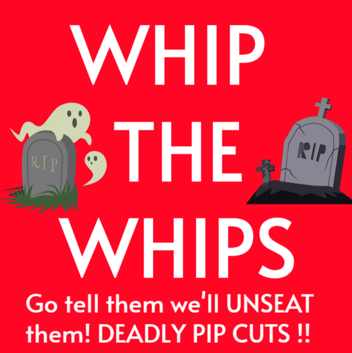 WHIP THE WHIPS... Who are they to tell MPs to vote to KILL THEIR OWN VOTERS AND CONSTITUENTS ? 
They are in temporary roles.. 
The disabled have incurable disabilities.. 
MPs really need to think carefully.. 
UPROAR WILL REALLY KICK OFF IF YOU VOTE DEADLY CUTS THROUGH !! #UNSEAT
