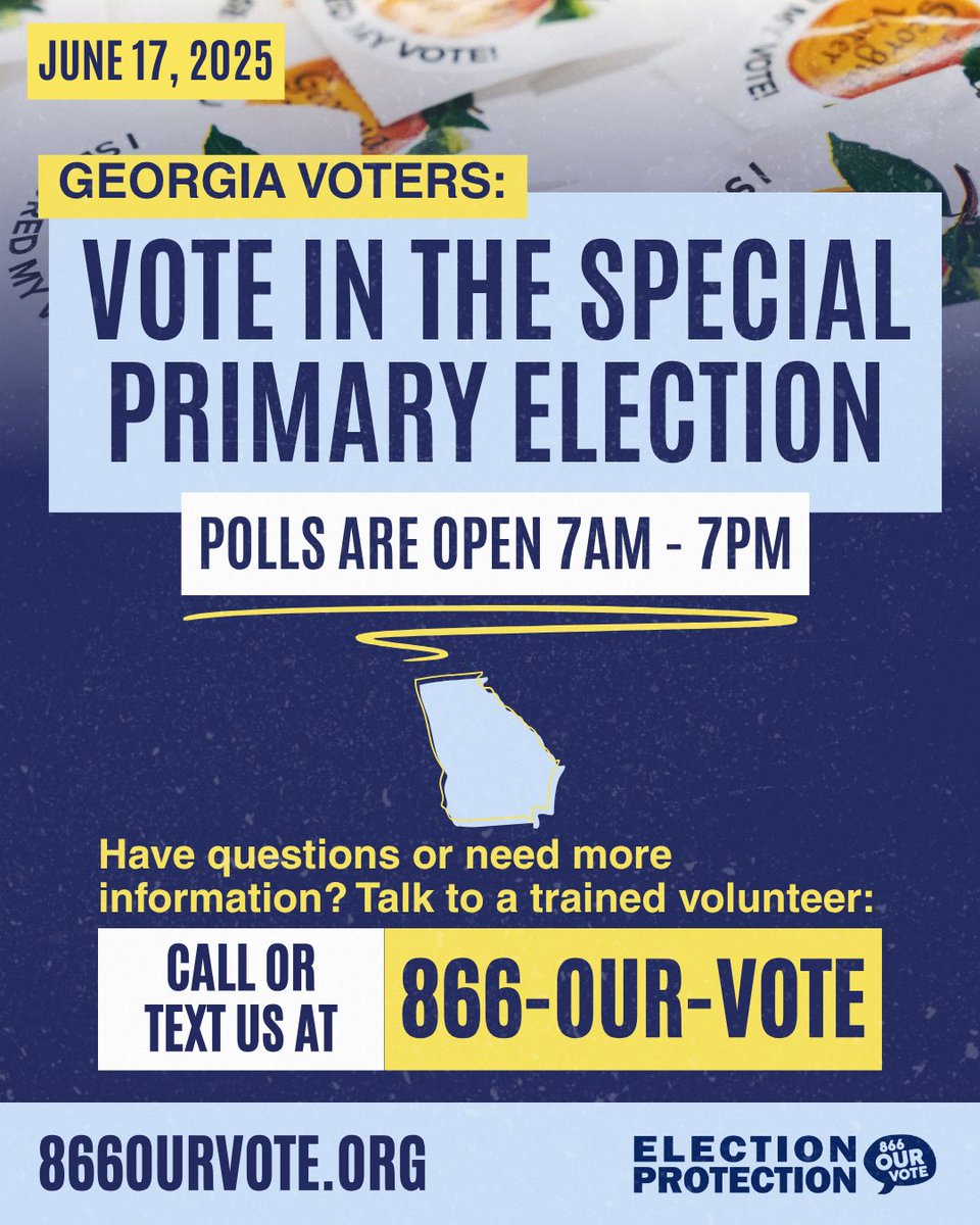 📣 Attention #Virginia and #Georgia voters - you have primary elections today! 🗳️ Not sure where to vote, experience issues at the polls, or have other questions? Call or text the nonpartisan Election Protection hotline at 866-OUR-VOTE (866-687-8683)!