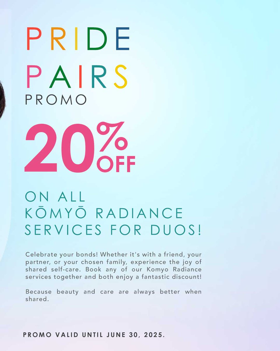 komyomedical's tweet photo. 💖 Pride Pairs Promo:

Share the self-care journey! Enjoy 20% OFF on ALL Komyo Radiance services when you book for two – perfect for friends, partners, or chosen family. Because true beauty is shared and celebrated. https://t.co/HM3RDzY4cw