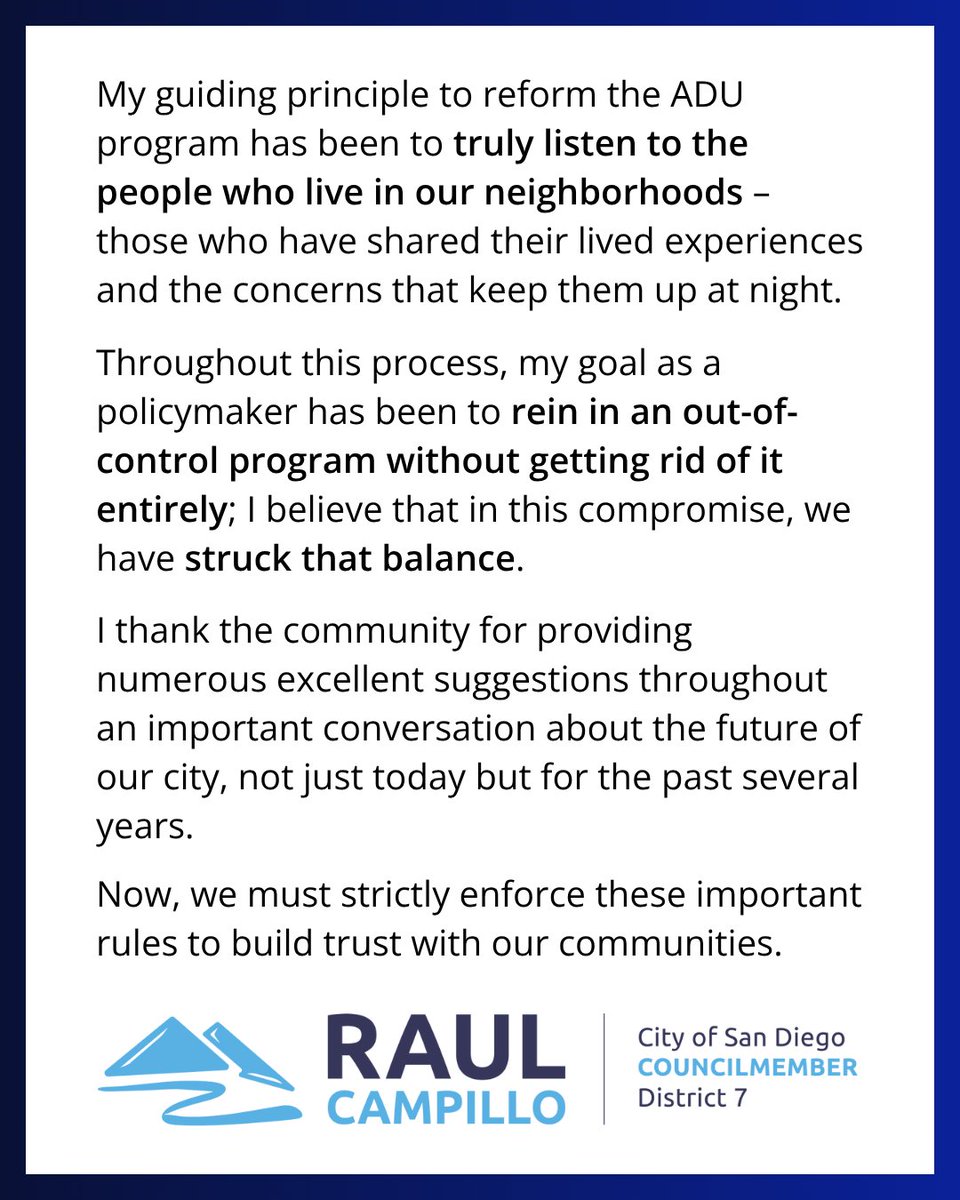 CMRaulCampillo's tweet photo. Last night, the City Council set some common-sense guardrails around the city’s ADU program; these changes balance the urgent need for housing with real concerns about safety, infrastructure, and community character. Swipe to read my full statement. https://t.co/8S9W8SUoB3