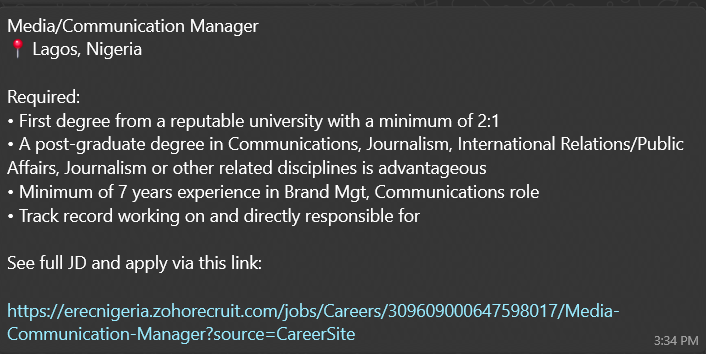 Media/Communication Manager needed
Lagos, Nigeria
7+ yrs exp, 2:1 degree, brand mgt skills
Apply: erecnigeria.zohorecruit.com/jobs/Careers/3…
#MediaJobs #LagosJobs #Hiring