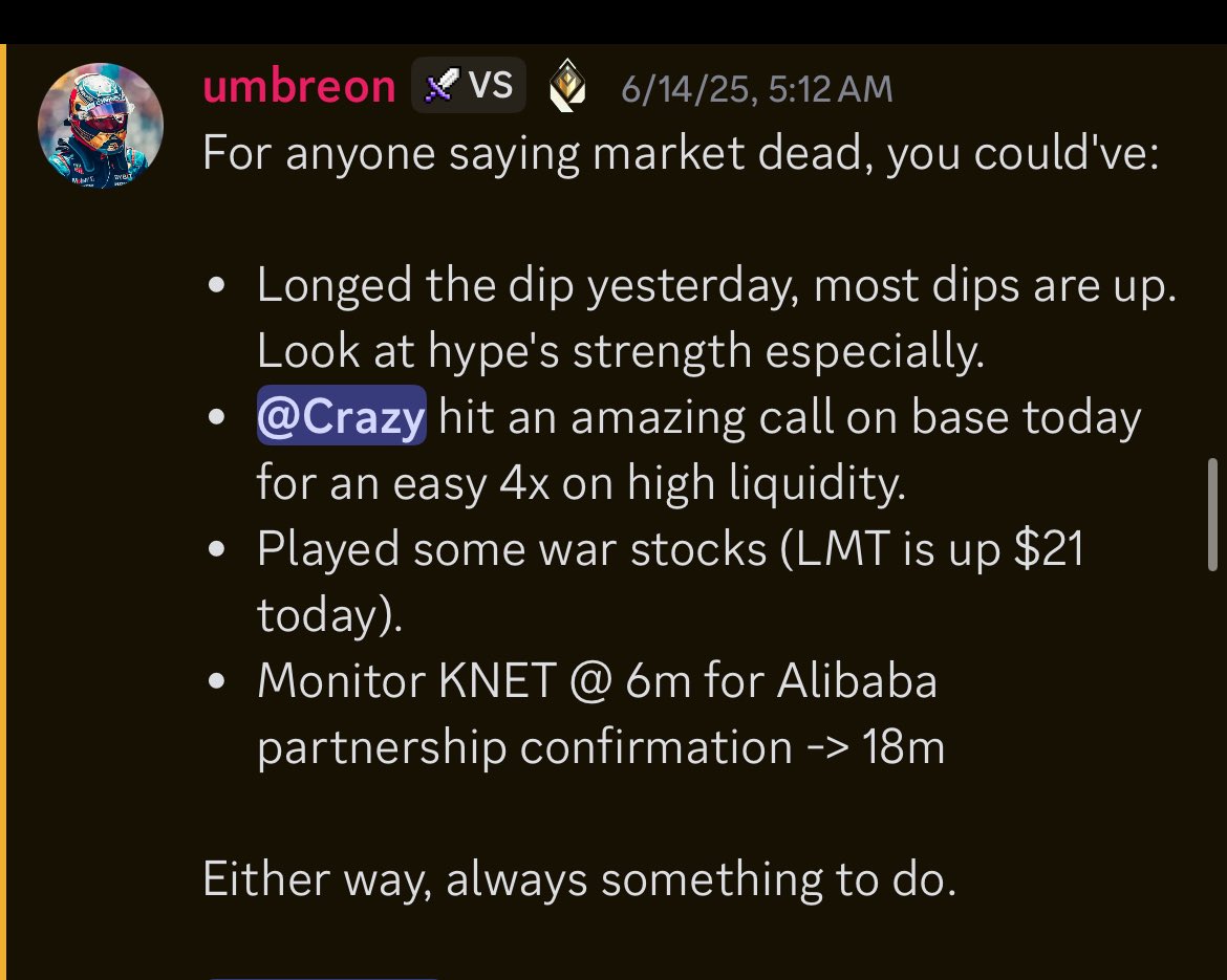 A fool who studies &gt;  sage who idles. ✍️

HYPE running. Free 4x. $LMT @ $21.

📈 Market wasn’t dead, you just weren’t paying attention.