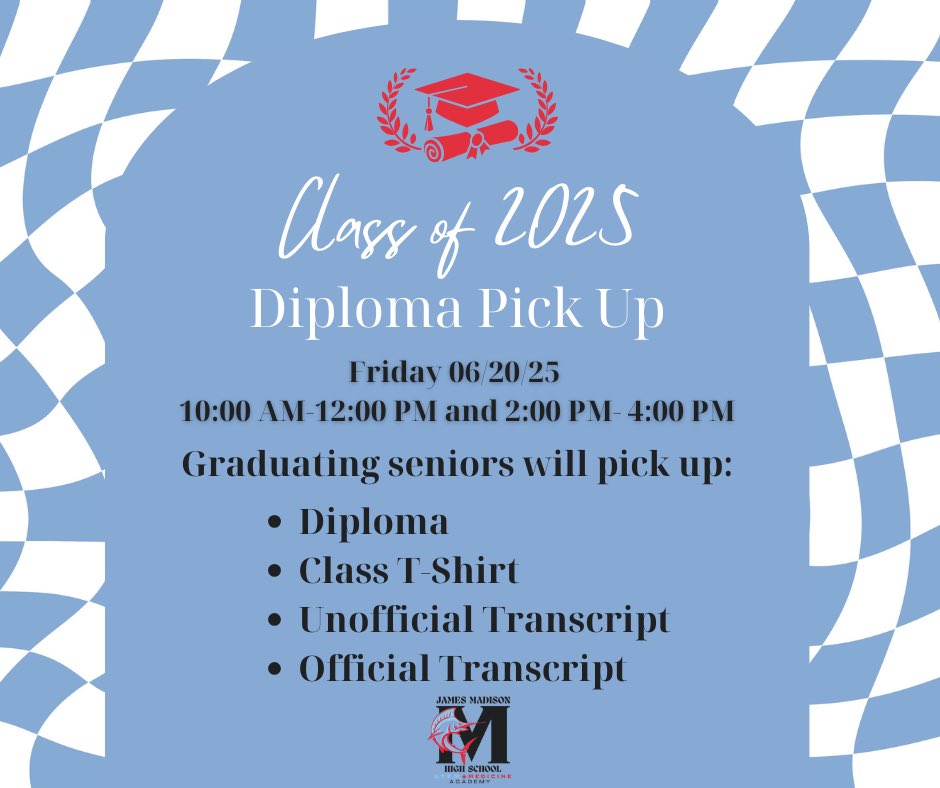 Attention Madison Seniors, Diploma pickups are happening this Friday. Please bring a photo ID for the pick up. See the picture for the times.