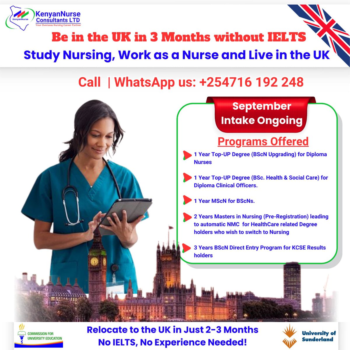 KenyanNurse's tweet photo. ๐จ Move to the UK in just 2-3 months!
โ
No IELTS
โ
No experience
โ
Fast-track with KenyanNurse ๐ฌ๐ง
๐ Programs for:
Diploma Nurses
Clinical Officers
Degree holders
KCSE students
๐ฉ Register: https://t.co/0RTglAC7uY
๐ +254716192248 | +447438914125
#UKRelocation https://t.co/O3tEw3jzYZ
