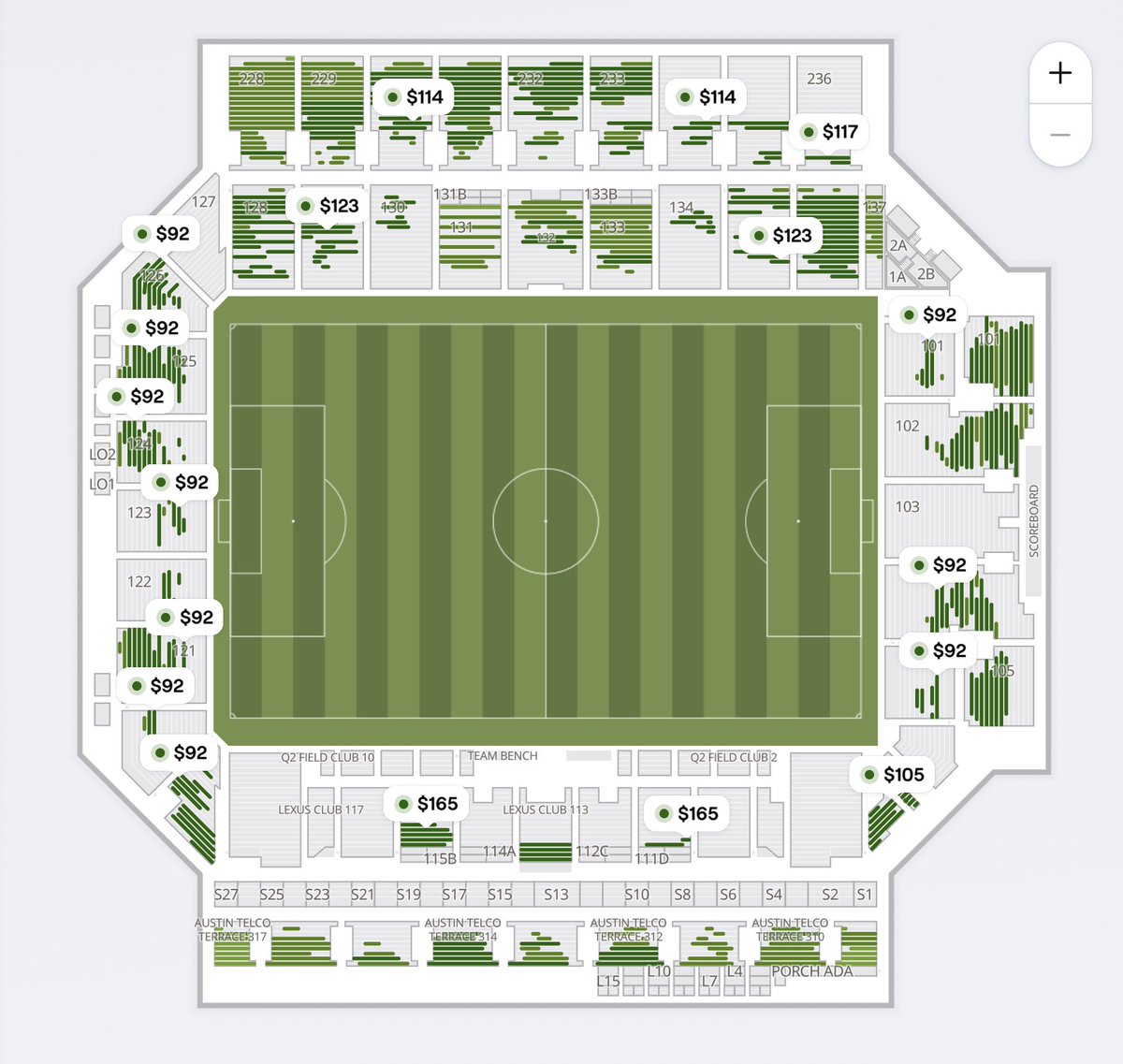 Goodman's tweet photo. This is @SeatGeek's current ticket availability for the #USMNT vs. Saudi Arabia #GoldCup group stage match Thursday night at Q2 Stadium. This is primary market, resale toggled off.

Close to, if not more than, half the stadium unsold. When you START ticket prices at $92 after fees, bring a B- roster, and play nobody, this is what happens.