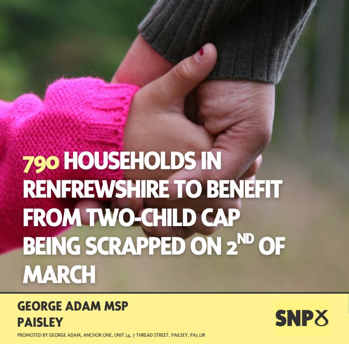 790 households in Renfrewshire will be affected by the two-child cap being scrapped on 2nd March.

This change will make a real difference to many families across our area.
#Renfrewshire #SNP #TeamPaisley