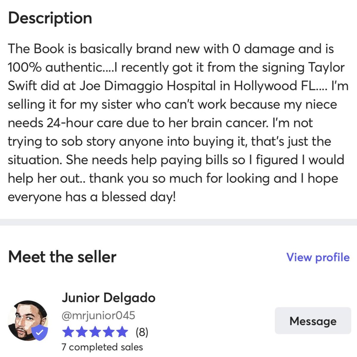 jodybaker80's tweet photo. Yesterday, the #Swiftie fanbase learned of a little girl who has brain cancer. This little angel was one of the kids Taylor visited at Joe DiMaggio Children's Hospital. The family was struggling to meet the financial burden of caring for their daughter and decided to try to sell the autographed book from Taylor.  

The Swifties sprang into action! Contacted the family, "bought" the book, learned of and shared a gofundme and the rest is just an amazing testament to the infamous quote from Margaret Mead - “Never underestimate the power of a small group of committed people to change the world. In fact, it is the only thing that ever has.” 

The gofundme had only raised a little over $2,000 before and now is at over $20,000!! Small gifts, $13 (some a little more, some a little less) from all over the world. 

The gofundme is linked in the comments if you want to join the movement to #KEEPTHEBOOK and help this family.