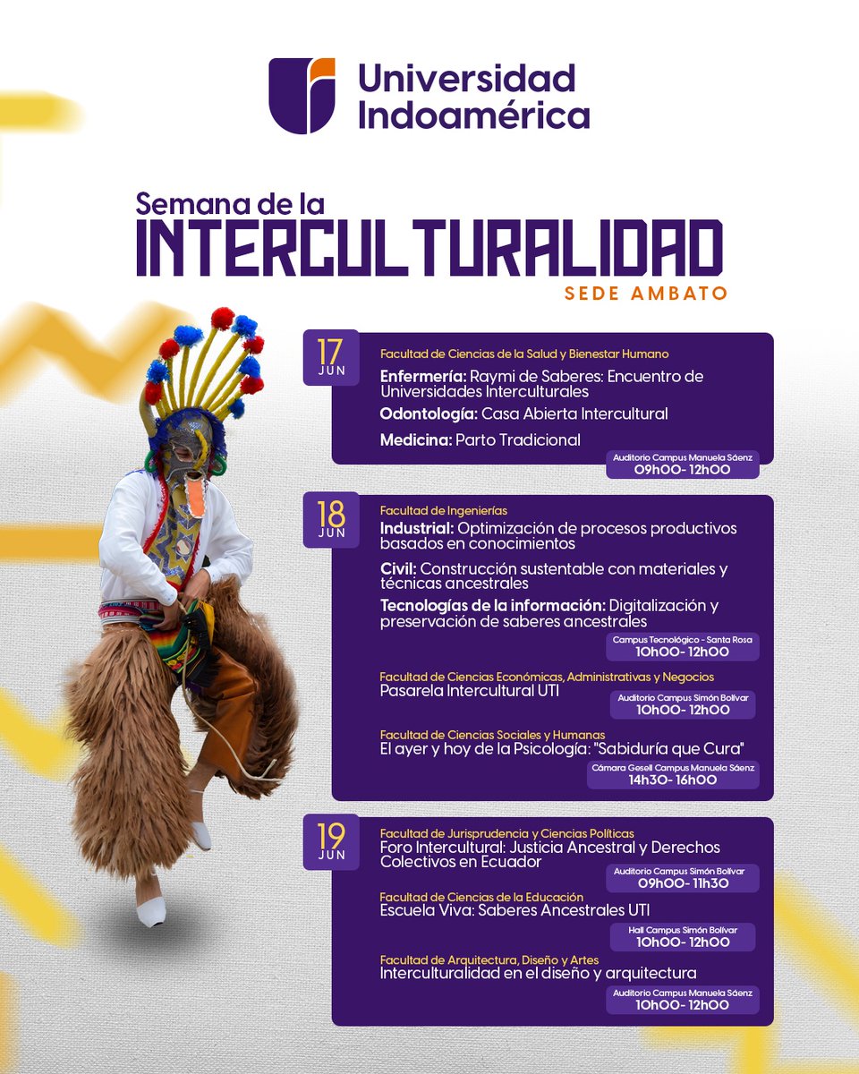 🌍 En #Indoamérica, la diversidad nos une. Inicia la #SemanaInterculturalUTI con eventos en #Ambato y #Quito que celebran nuestras culturas y saberes. Participa y vive la riqueza de lo que somos.
🗓️ Revisa la agenda de tu sede y acompáñanos.
#CreaTuPropiaHistoria