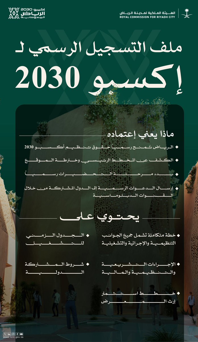 اعتماد ملف #إكسبو_2030_الرياض يُعد خطوة مفصلية تُؤكد جاهزية المشروع للانتقال إلى مرحلة التنفيذ، ويُعزز ثقة المجتمع الدولي في قدرة المملكة على تنظيم نسخة تُواكب طموحاتها وتُعبّر عن رؤيتها.