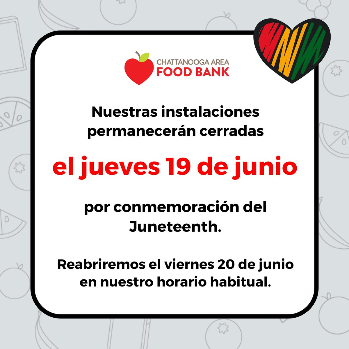 "My humanity is bound up in yours, for we can only be human together." - Desmond Tutu

Our facilities will be closed on Thursday, June 19th in observance of Juneteenth. We will reopen on Friday, June 20th for regular business hours.