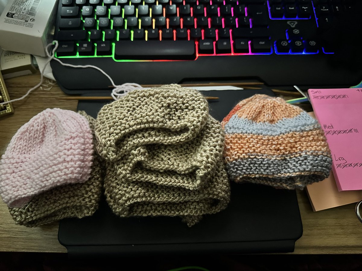 Tonight’s managed to knit 2 beanies and sew 12 beanies together. 

The count is now up to 108 baby beanies for NICUs in need. 

Come back tomorrow to support more beanie making @ twitch.tv/muted_howl