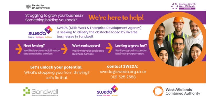 SWEDA (@swedaservices) on Twitter photo Businesses in #Sandwell — struggling to grow?
SWEDA is here to help you:
Access funding
Get expert advice
Join proven business programmes
Email: sweda@sweda.org.uk | Call: 0121 525 2558
#BusinessSupport #WestMidlands #SWEDAServices #Growth Businesses in #Sandwell — struggling to grow?
SWEDA is here to help you:
Access funding
Get expert advice
Join proven business programmes
Email: sweda@sweda.org.uk | Call: 0121 525 2558
#BusinessSupport #WestMidlands #SWEDAServices #Growth