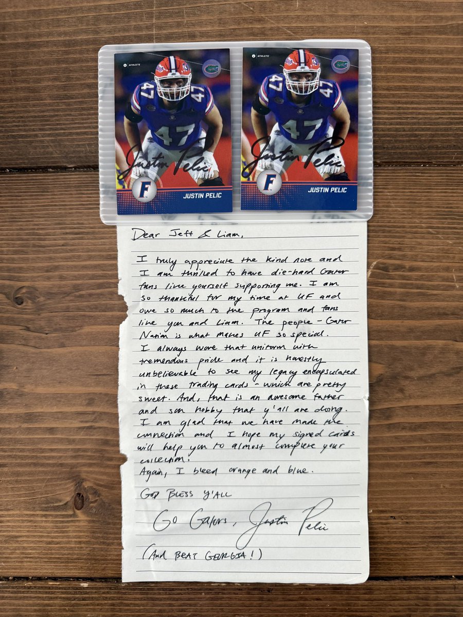 Jeff Fiesta (@floridag8ralum) on Twitter photo What a special letter to my son Liam and I from Justin Pelic. Special thank you to <a href="/cpelic47/">Chris Pelic MD</a> for coordinating this. Justinโs signed cards now brings us to 114 out of 128 players in our 2024 Onit Florida Gators set. Almost there, a few more incomingโฆ What a special letter to my son Liam and I from Justin Pelic. Special thank you to <a href="/cpelic47/">Chris Pelic MD</a> for coordinating this. Justinโs signed cards now brings us to 114 out of 128 players in our 2024 Onit Florida Gators set. Almost there, a few more incomingโฆ