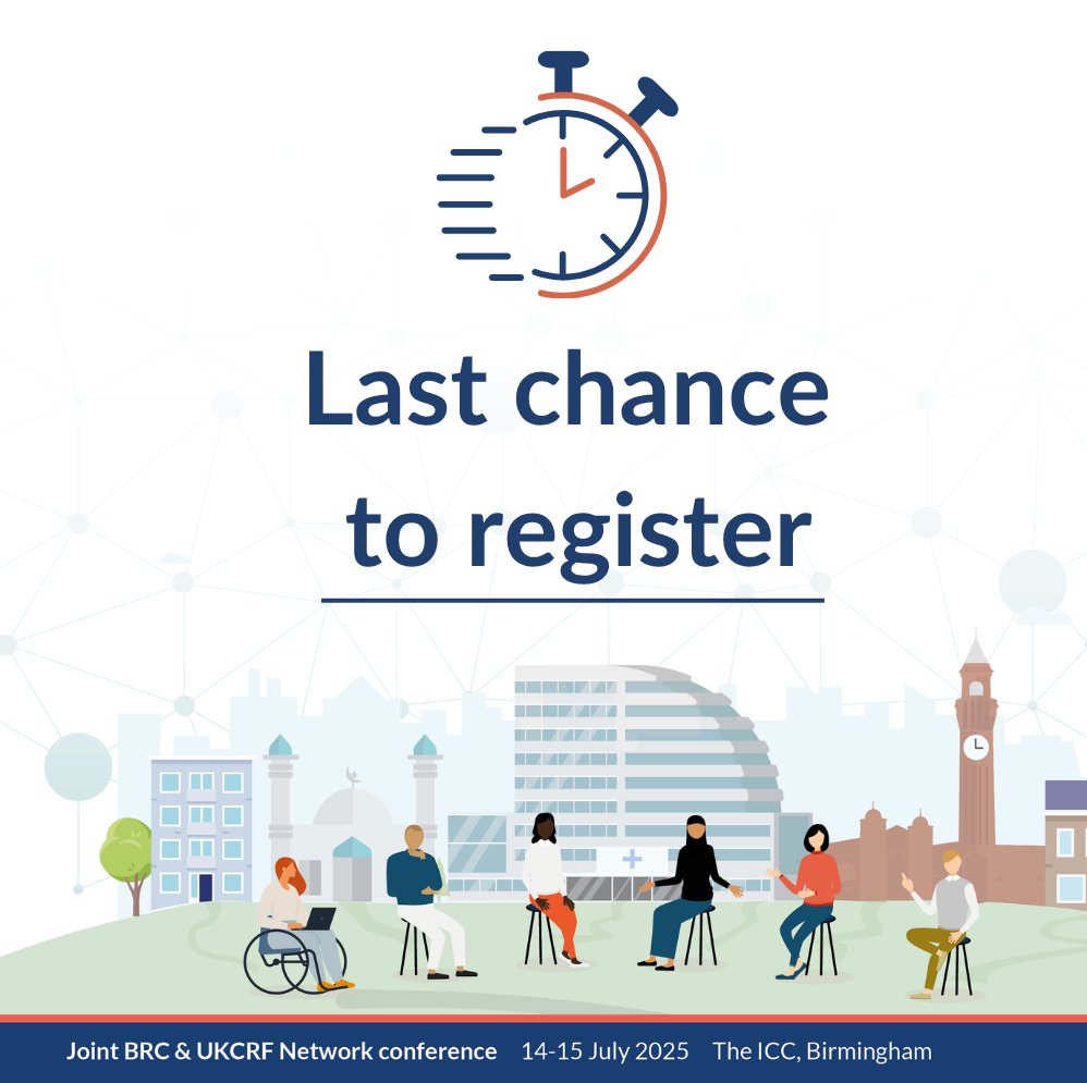 Last week to register for the NIHR BRC &amp; UKCRF Network Conference.

Don't miss your chance!

☑️Expert-led sessions
☑️Cutting-edge insights
☑️Valuable networking opportunities

📅 14–15 July | 📍 Birmingham ICC 

🔗 ukcrfnetwork.co.uk/events/ukcrf-n…

Join the national discussion #CRFBRC25