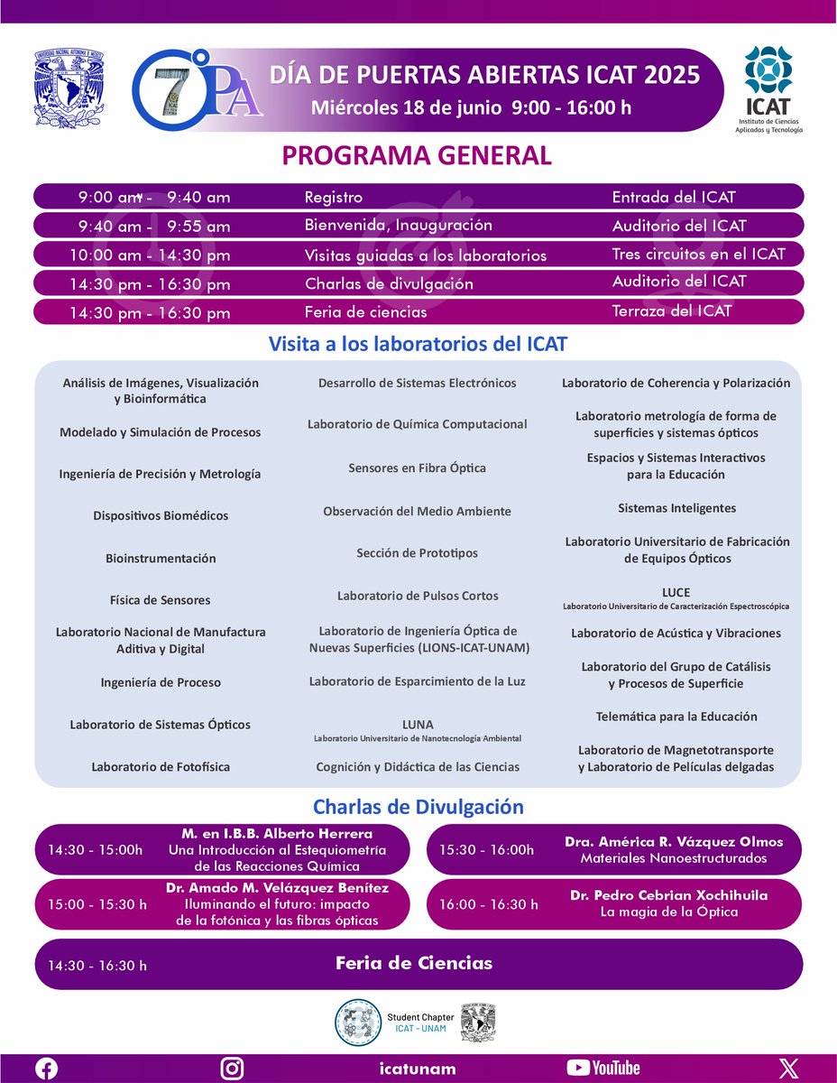 Aviso a la comunidad estudiantil
El Instituto de Ciencias Aplicadas y Tecnología de la UNAM a través de la Dirección de Egresados y Servicio Social les hacen una cordial invitación al "Día de puertas abiertas ICAT 2025", mayores  informes: 
icat.unam.mx
