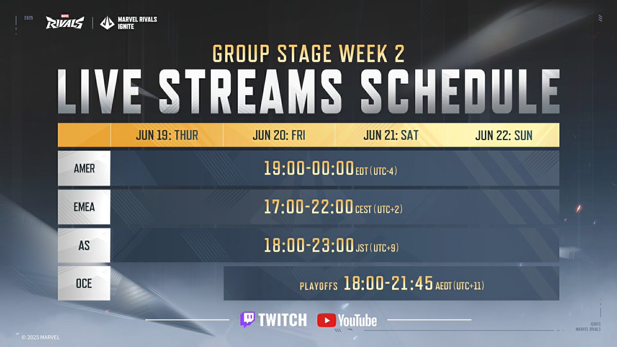 ⚡ Week 2 is here and the heat is rising!

Stage 1 of Marvel Rivals Ignite charges forward as teams across globe lock in for another round of intense showdowns.

📺 Check out this week’s schedule and get in on the action!

#MarvelRivals #MarvelRivalsIgnite