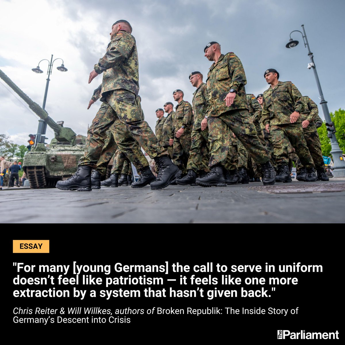 The Parliament Magazine (@parlimag) on Twitter photo German Chancellor <a href="/_FriedrichMerz/">Friedrich Merz</a>’s ambition to build Europe’s strongest military is colliding with a silent crisis at home: the Bundeswehr can’t find young people willing to serve.
That’s because for many young Germans the call to serve in uniform doesn’t feel like patriotism — German Chancellor <a href="/_FriedrichMerz/">Friedrich Merz</a>’s ambition to build Europe’s strongest military is colliding with a silent crisis at home: the Bundeswehr can’t find young people willing to serve.
That’s because for many young Germans the call to serve in uniform doesn’t feel like patriotism —