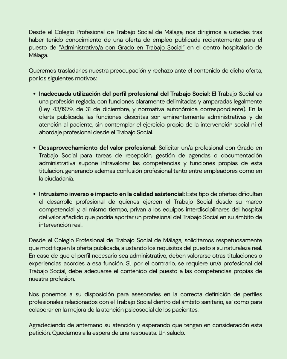 📢 Manifestamos nuestro rechazo a una reciente oferta de empleo que desvirtúa el perfil profesional del #TrabajoSocial.

🙏 Agradecemos al centro hospitalario la retirada de la oferta tras recibir nuestro escrito, confiando en que se tomen en consideración nuestras observaciones.