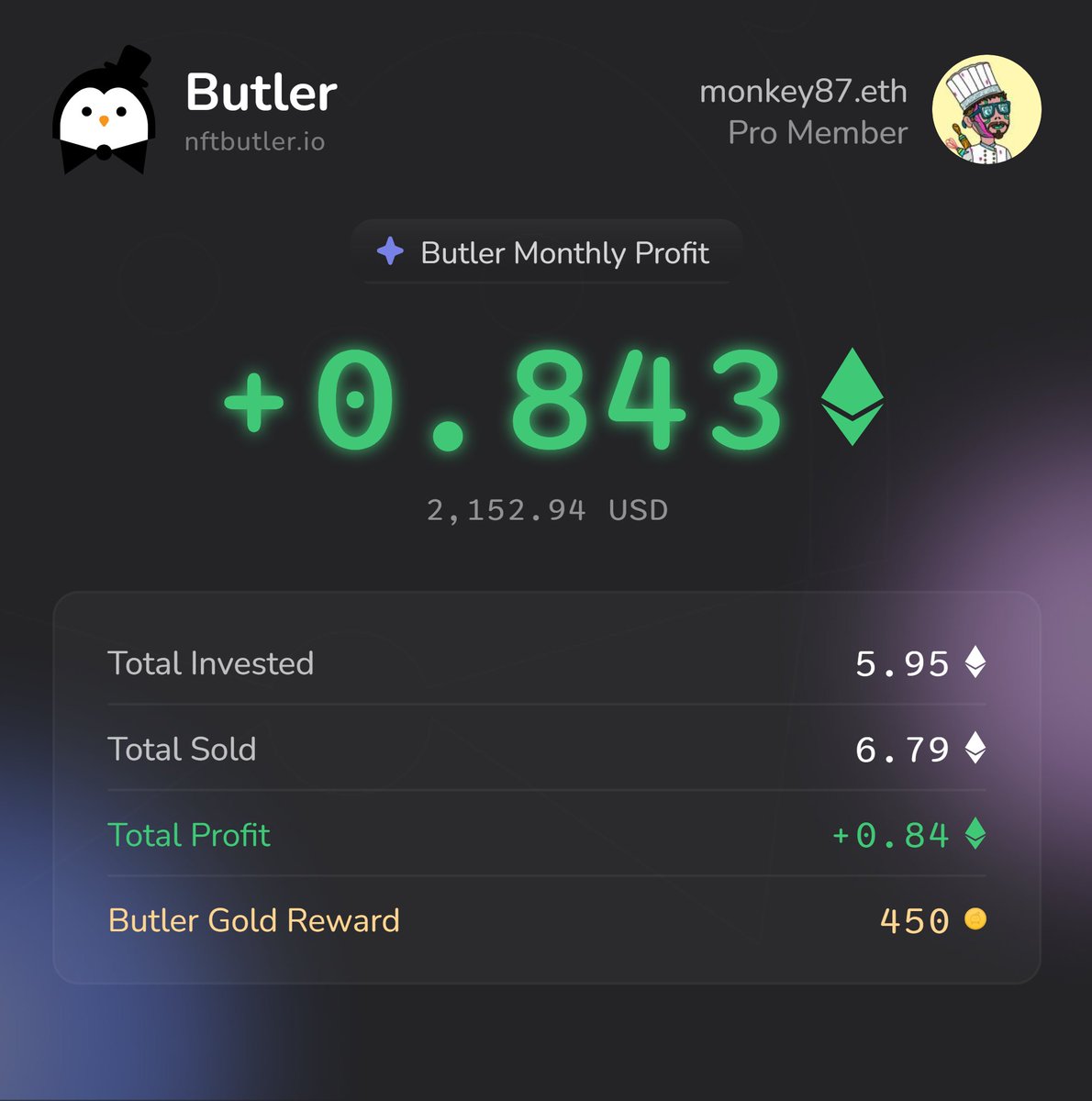 0.843 Ξ in profit made in the last 17 days using <a href="/nftbutler/">NFT Butler</a> 💰📈

Sharing on X to grab my extra 450 Butler Gold 🟠
Bidding’s a breeze with NFT Butler in my arsenal!  🐧

#NFT #NFTCommunity #NFTButler

nftbutler.io