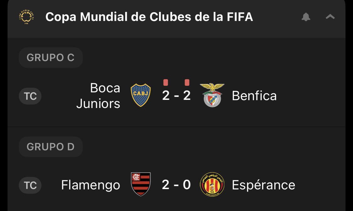 efdpizarra's tweet photo. Continuamos con la 2ª jornada.
Victoria del Chelsea, empate entre Boca y Benfica y victoria de Flamengo. https://t.co/6YiQZC95oF